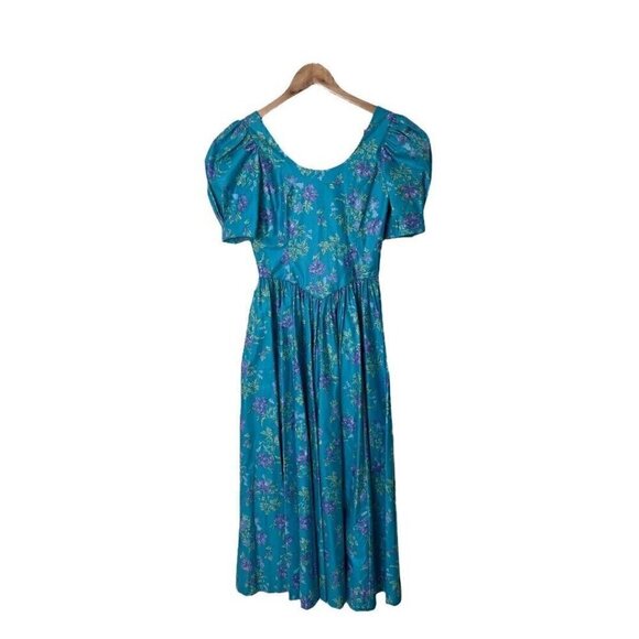 Vintage Laura Ashley Teal Floral Cottage Core Bow Back Dress US 6 2 UK 8 - Picture 1 of 8